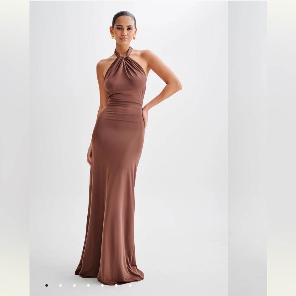 MESHKI Elyna Slinky Halter Maxi Dress in Chocolate XS
